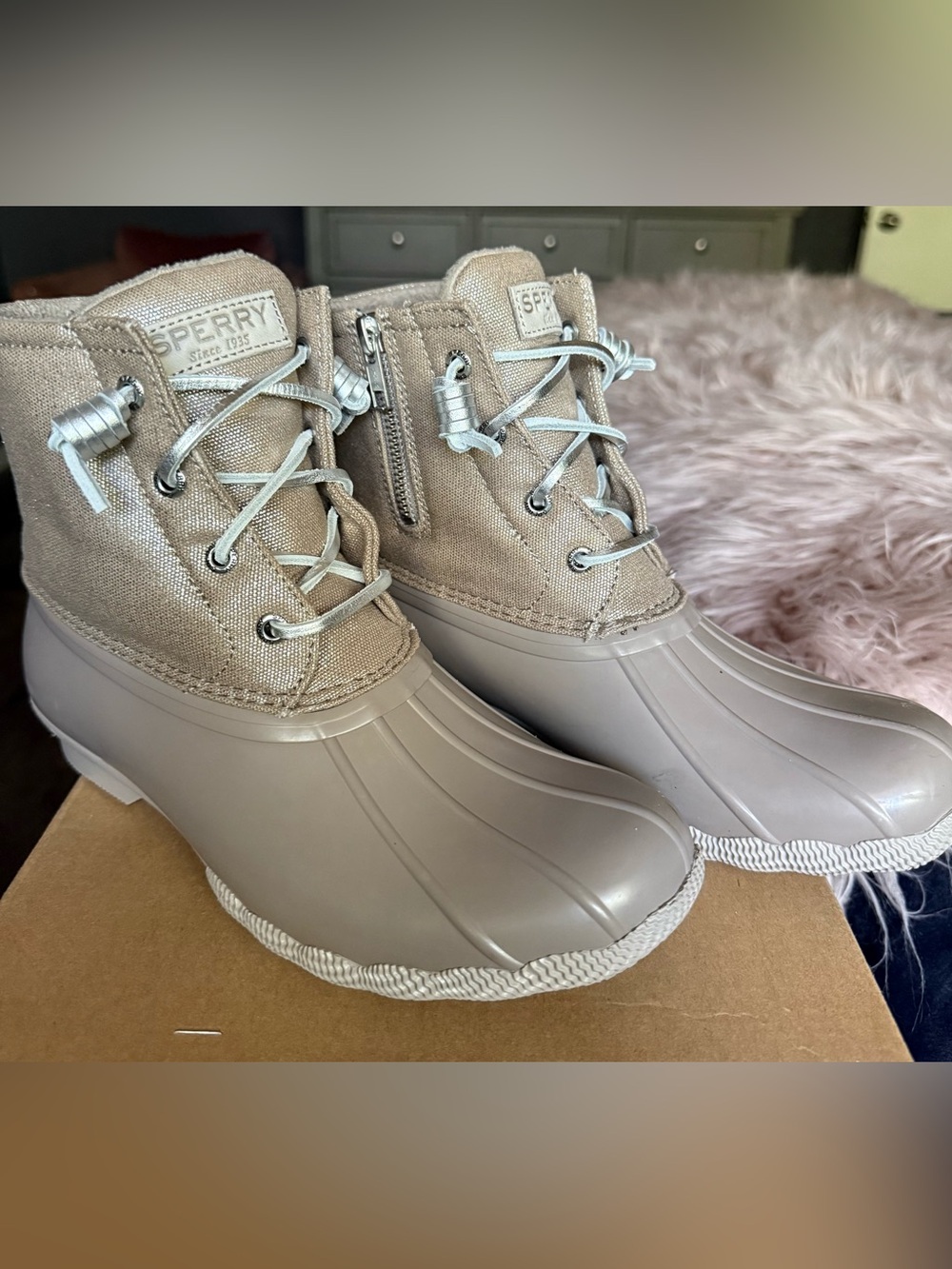 Sperry Beige Taupe Waterproof Duck Boots with Side Zipper